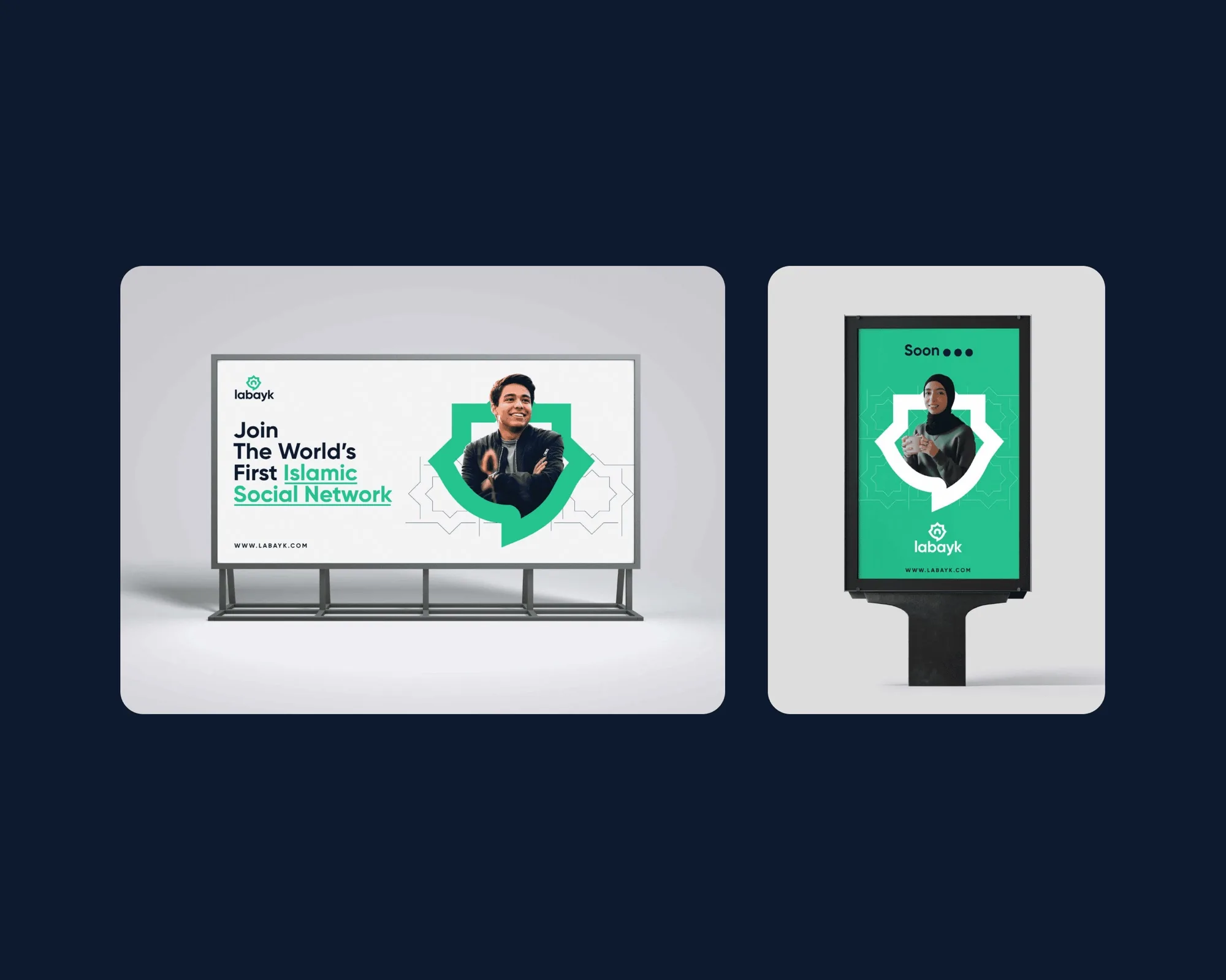 Labayk App — an outdoor billboard and street panel reading “Join The World’s First Islamic Social Network”