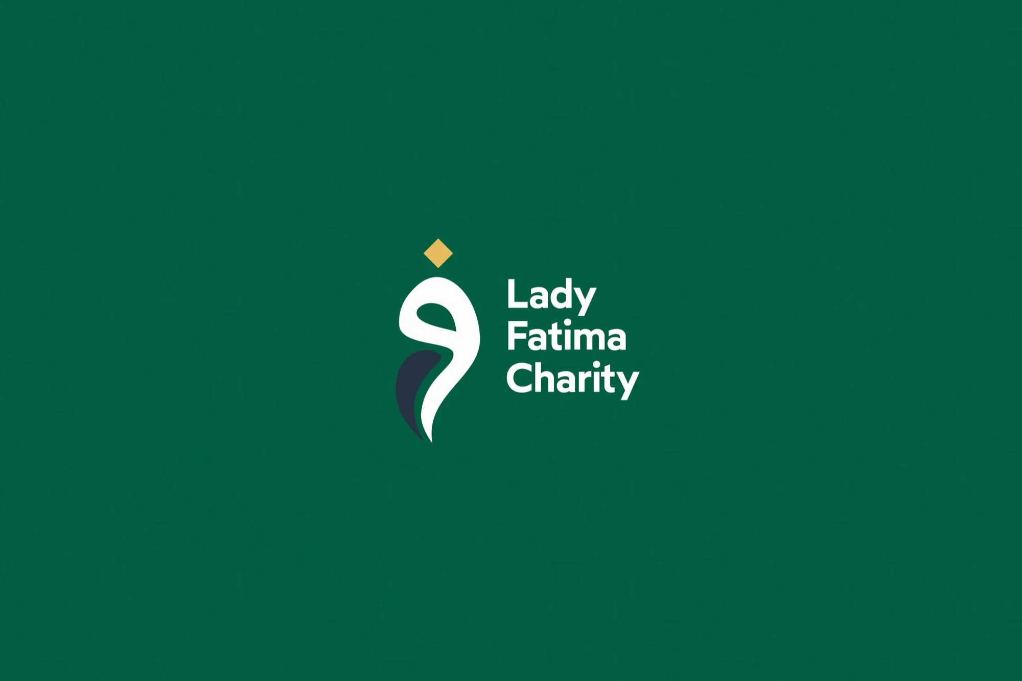 Lady Fatima Charity — the logo reversed on Saadat Green with the brand’s geometric pattern