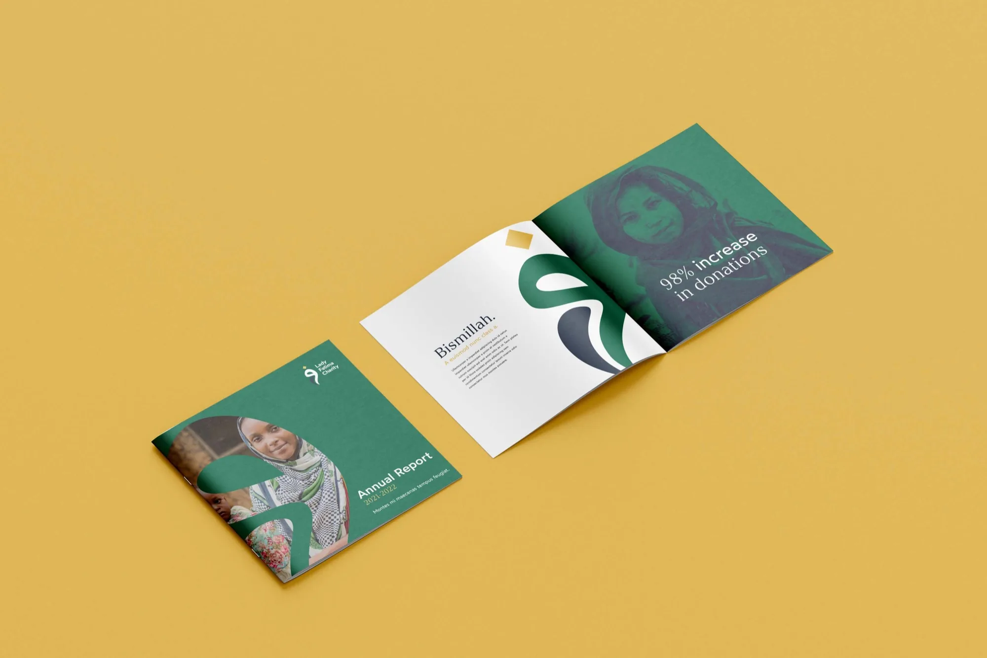 Lady Fatima Charity — the annual report, cover and inside spread