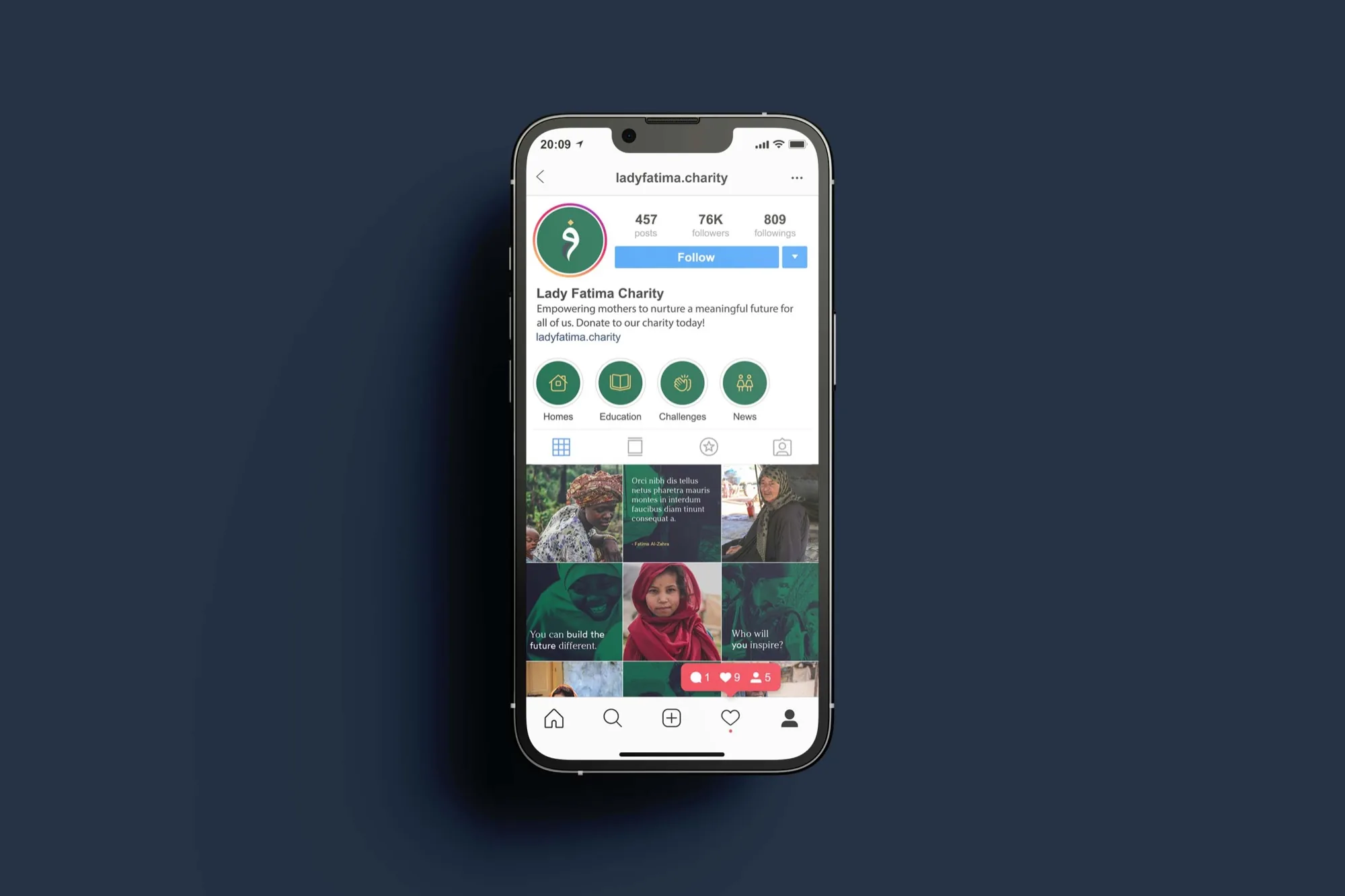 Lady Fatima Charity — the charity’s Instagram profile on a phone