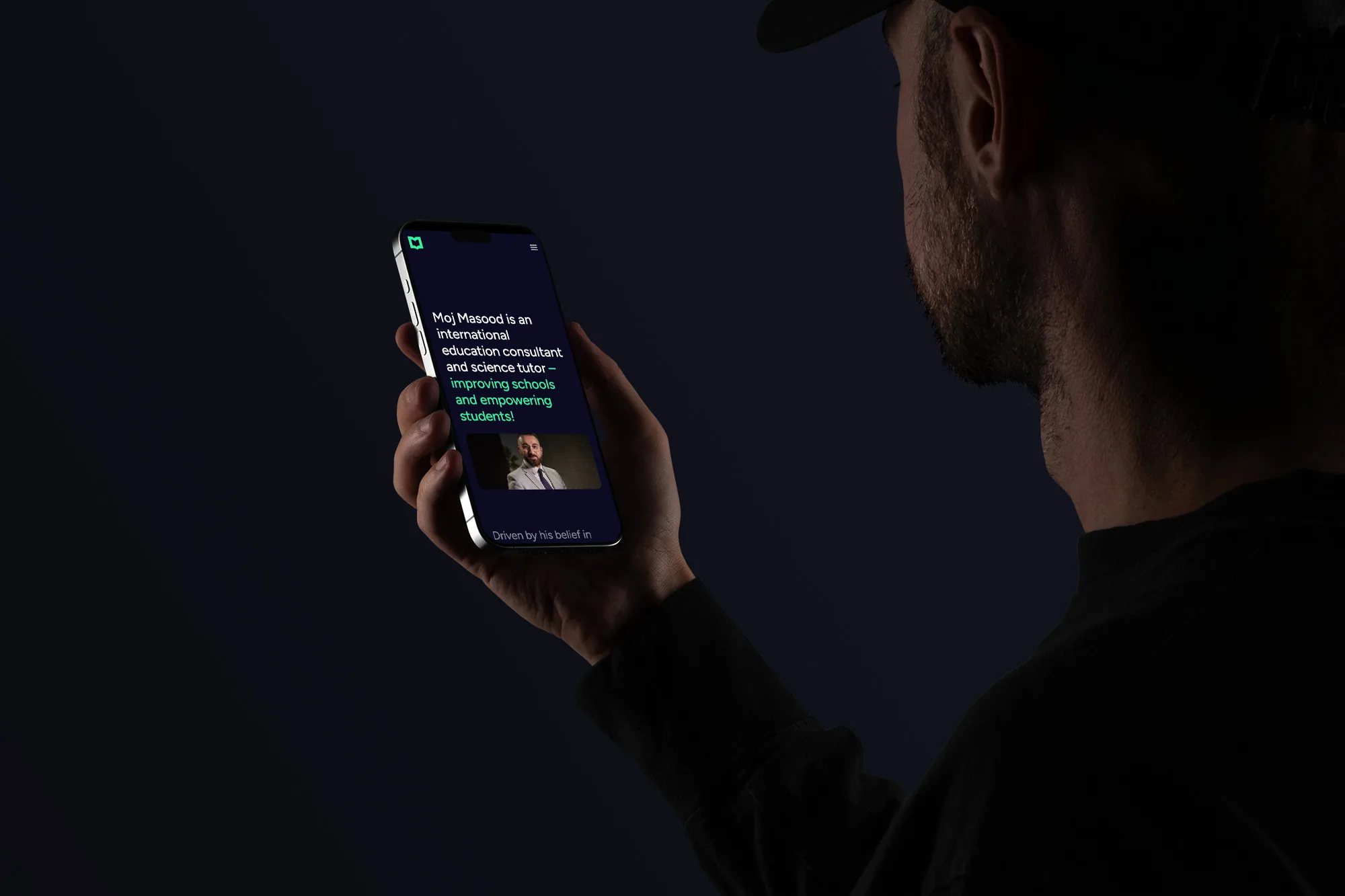 Moj Masood — the website on an iPhone