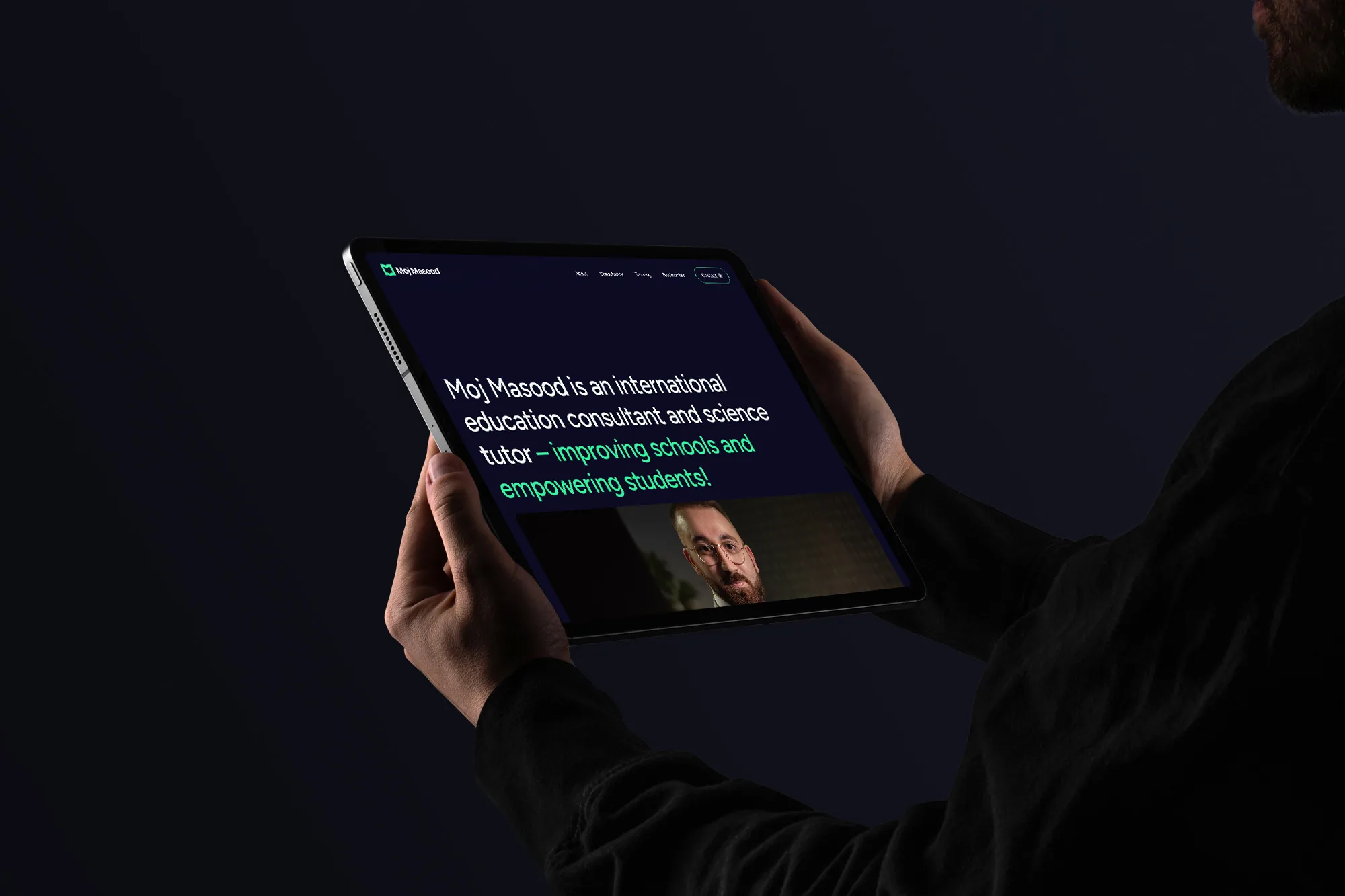 Moj Masood — the website on an iPad
