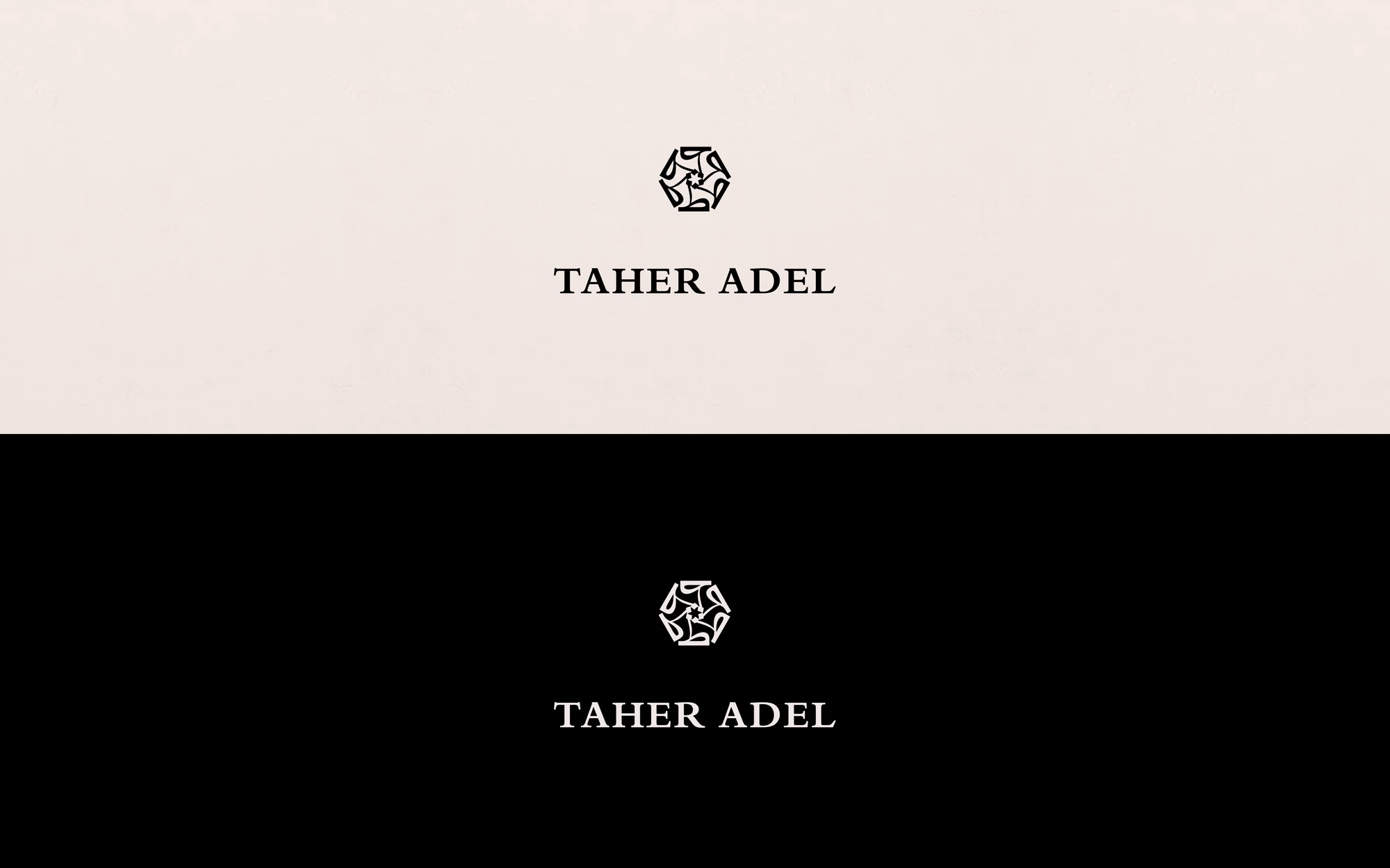 Taher Adel — the primary lockup on paper and on black