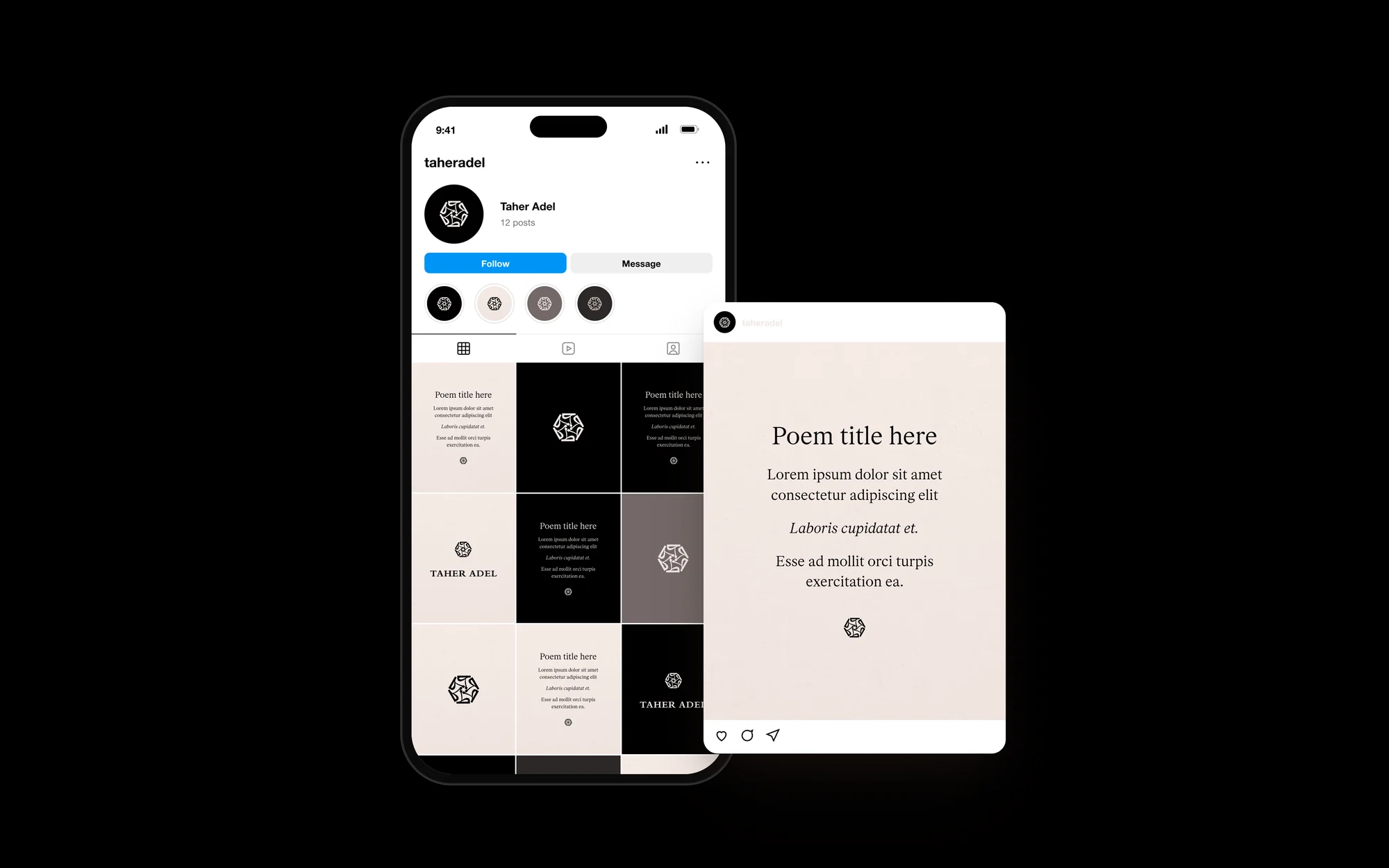 Taher Adel — the Instagram profile and a poem post