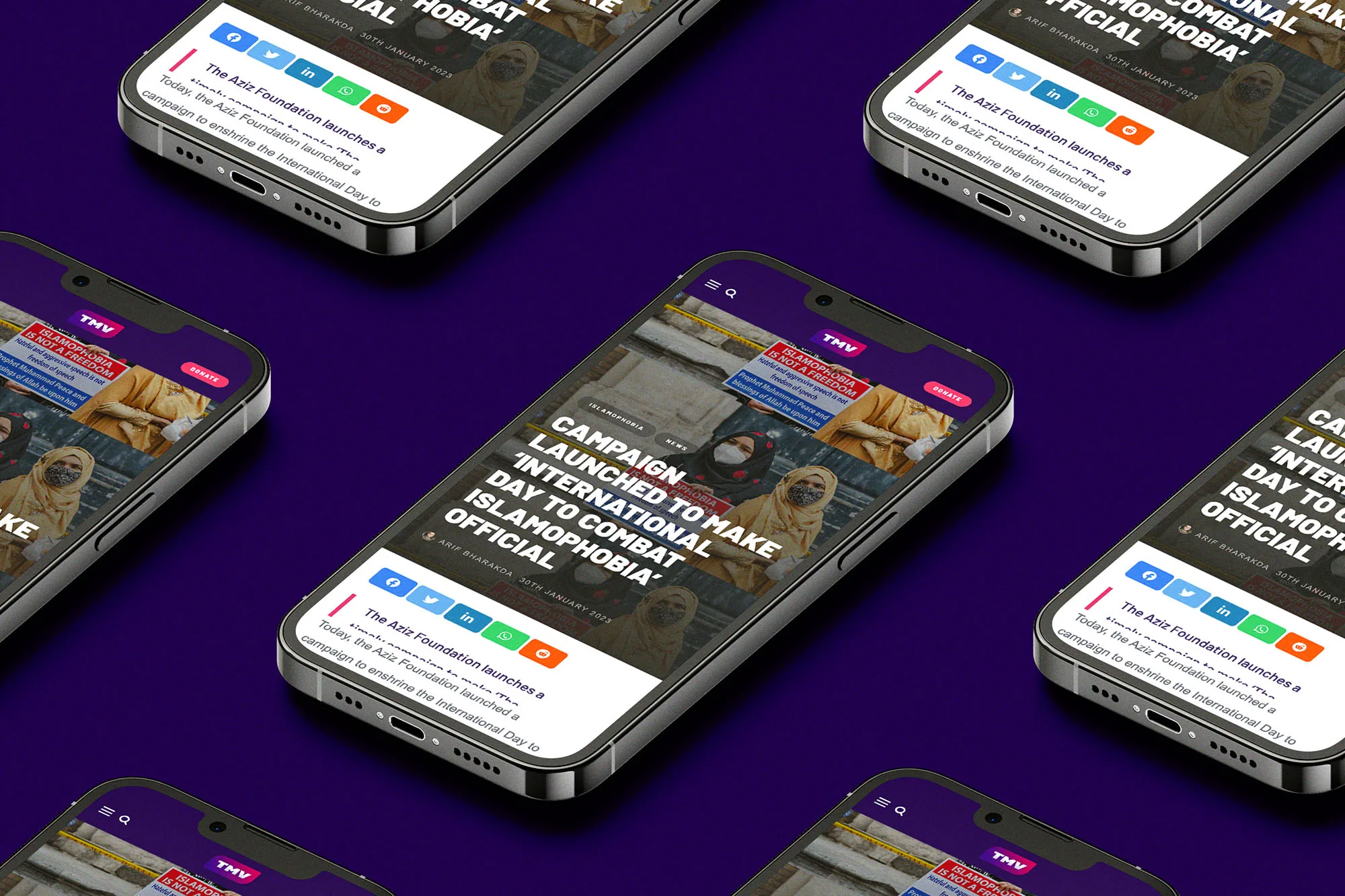 The Muslim Vibe — an article shown across a grid of phones
